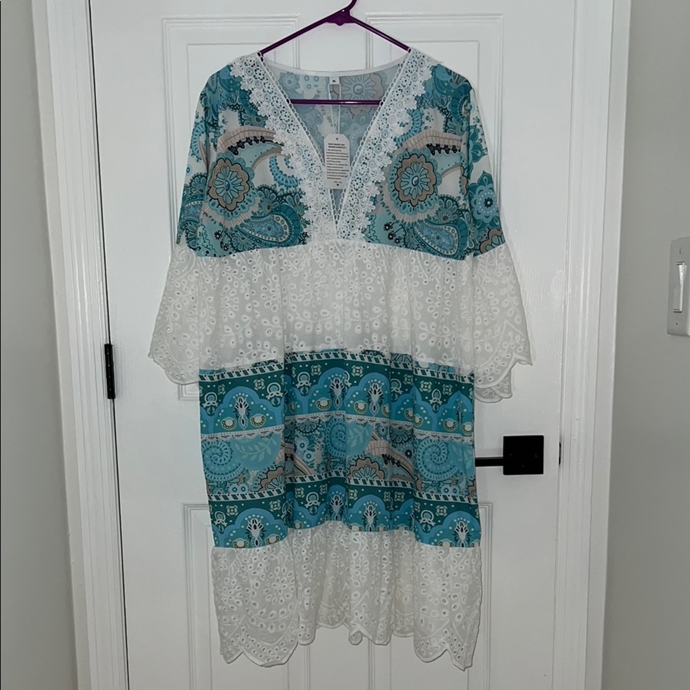 Chic Teal and White Boho Dress
